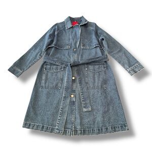 Jennifer Lopez Denim Jean Jacket Trench Coat Belted Casual Women’s Size S
